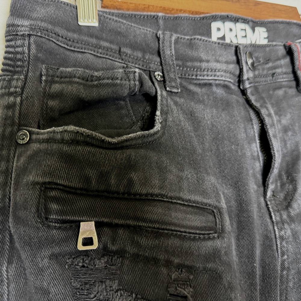 PREME Mens Moto Distressed Black Denim Jeans Slim Fit Ribbed Panel 32x32 - Picture 8 of 12